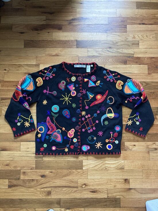 Michael Simon Sweaters - Michael Simon Vtg 1993 Embroidery Beaded Art To Wear Mrs Frizzle Sweater 2 Large